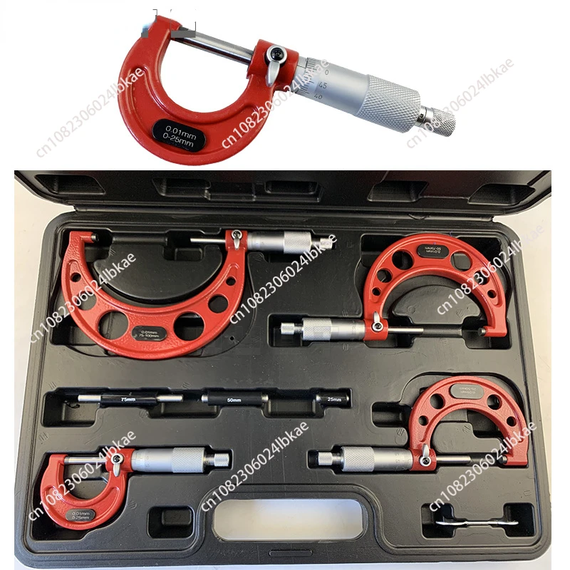 0-25mm-50mm-75mm-100mm Outside Micrometer Set with Standards Ratchet Stop 0-100mm Range 0.01mm Graduation (4 Piece Set)