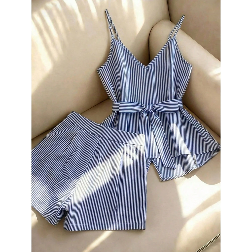 Elegant Striped Women Two Piece Set Sleeveless Spaghetti Strap V Neck Camisole Top High Waist Shorts Summer Matching Outfit