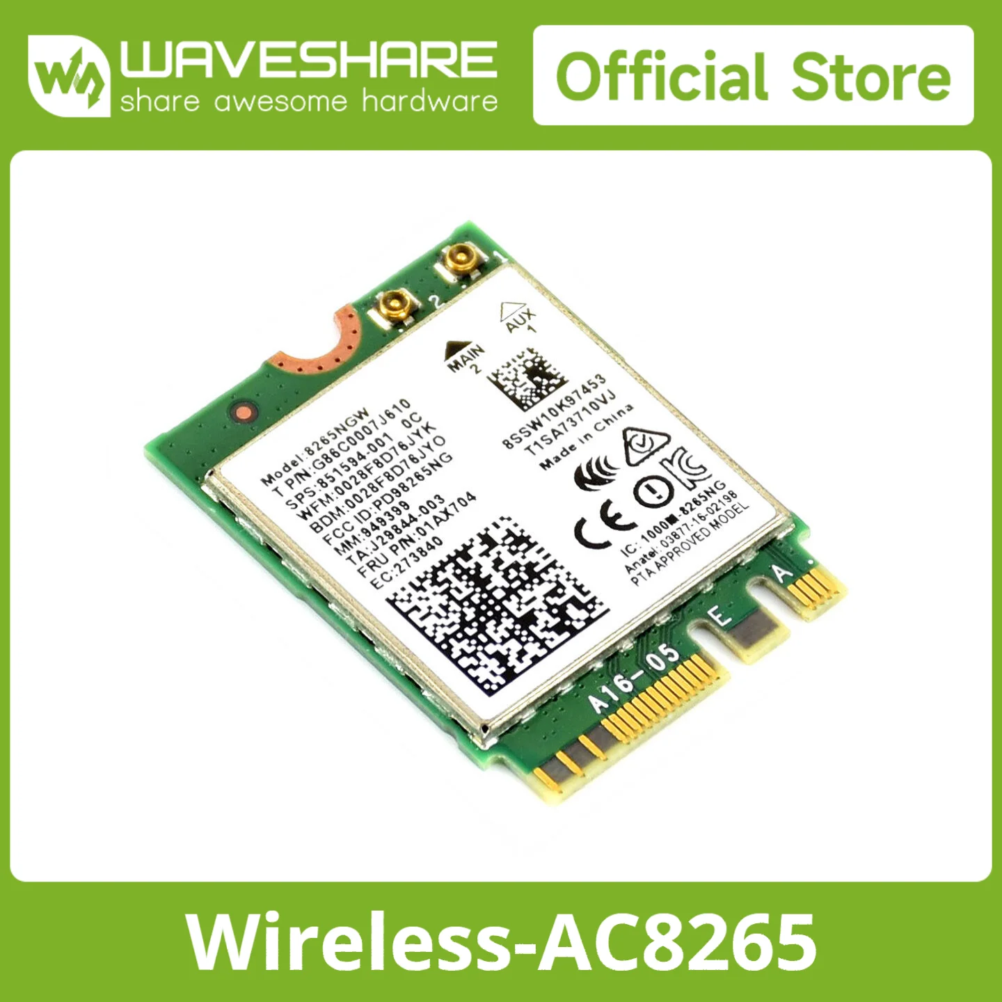 Waveshare AC8265 Wireless NIC, 2.4G / 5G WiFi, Bluetooth 4.2, Applicable For Jetson Orin Nano/NX, M.2 Wifi Card