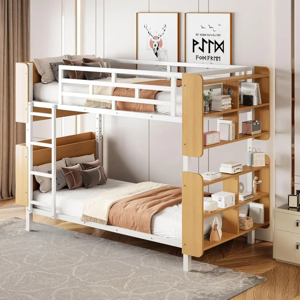 Twin Bunk Bed with Wooden Headboard and Storage Footboard, Convertible To 2 Separated Beds，Metal Bunk Bed Frame