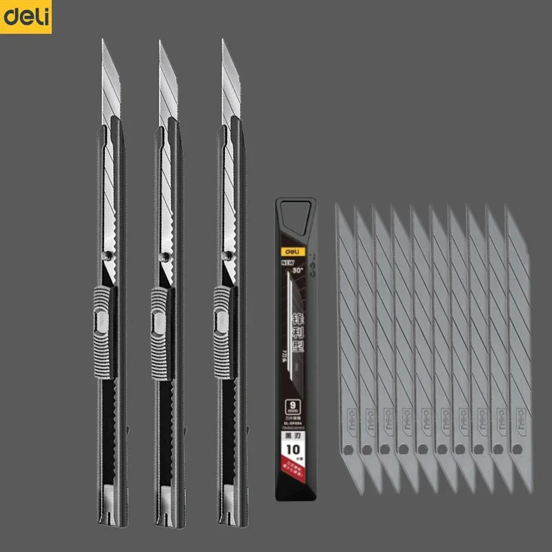 Deli Utility Knife 9mm Box Cutter with 30 Degree Sharp Carbon Steel Snap Off Blades Auto-Locking Design for Home Office Use