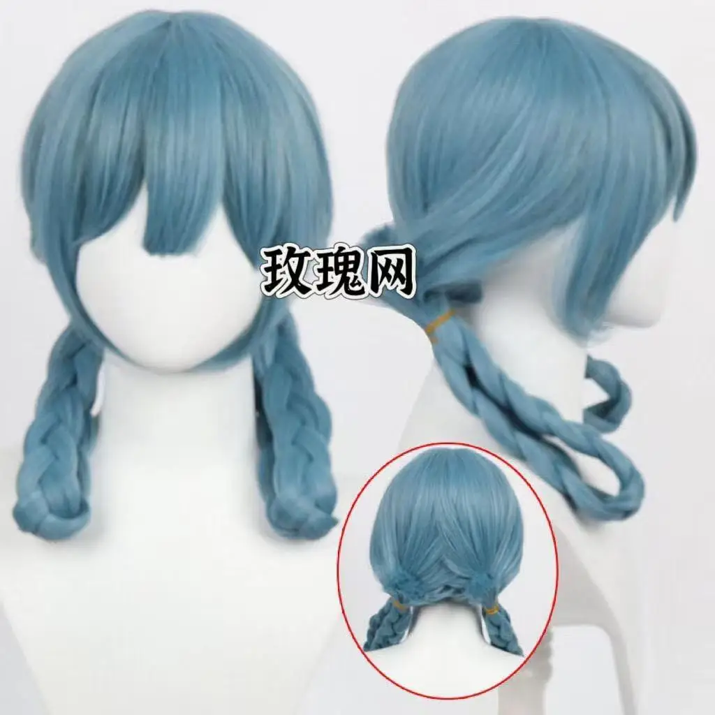 회색과 파란색의 이중 트위스트 머리띠에 깔끔한 앞머리가 달린, 애니메이션 같은, 비인간적인, 작은 용 소녀의 가발처럼 보이는 머리띠입니다.