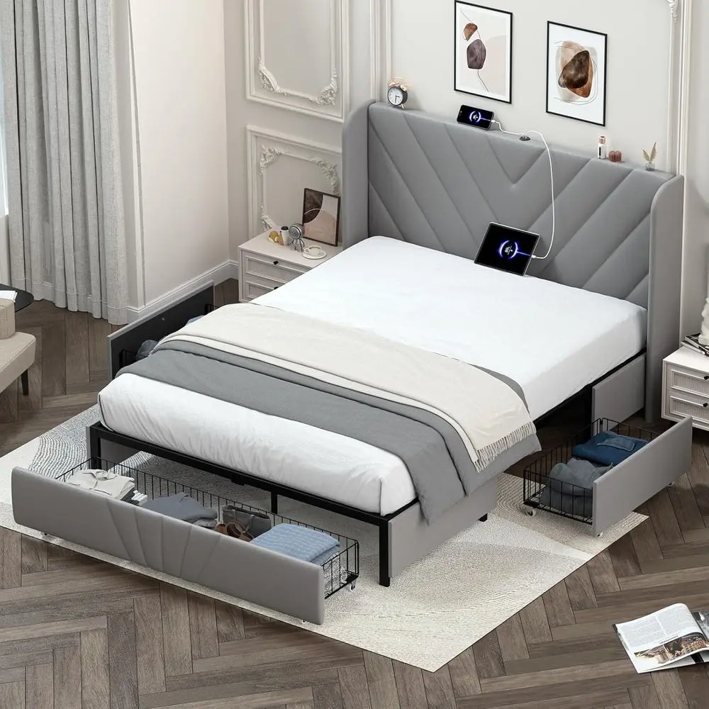 Cama con plataforma tapizada tamaño Queen con puertos USB/Tipo-C, respaldo en forma de V, cajones laterales, almacenamiento en el pie de cama extragrande, sin base de caja