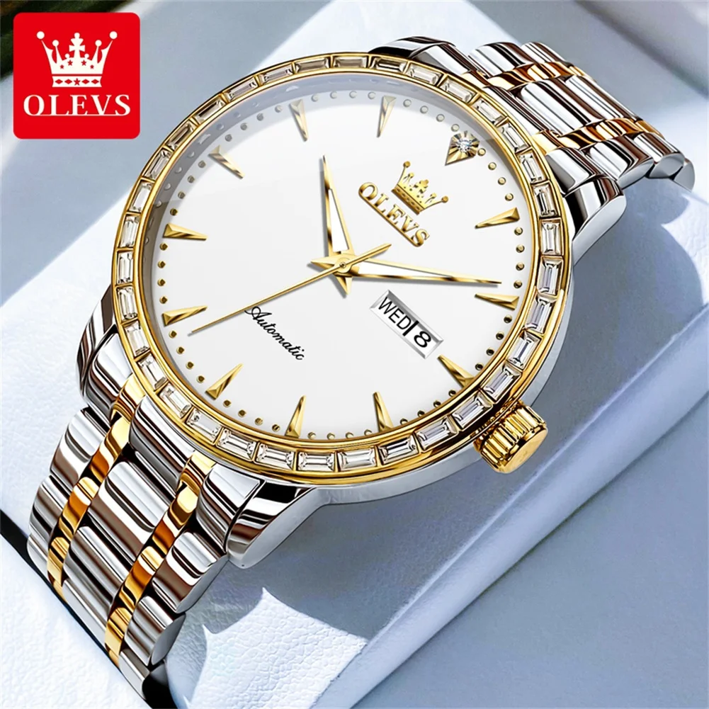 OLEVS 7019 Luxury Diamond Mechanical Watch For Men Dual Calendar Stainless Steel Automatic Wristwatches Top Brand Original Clock