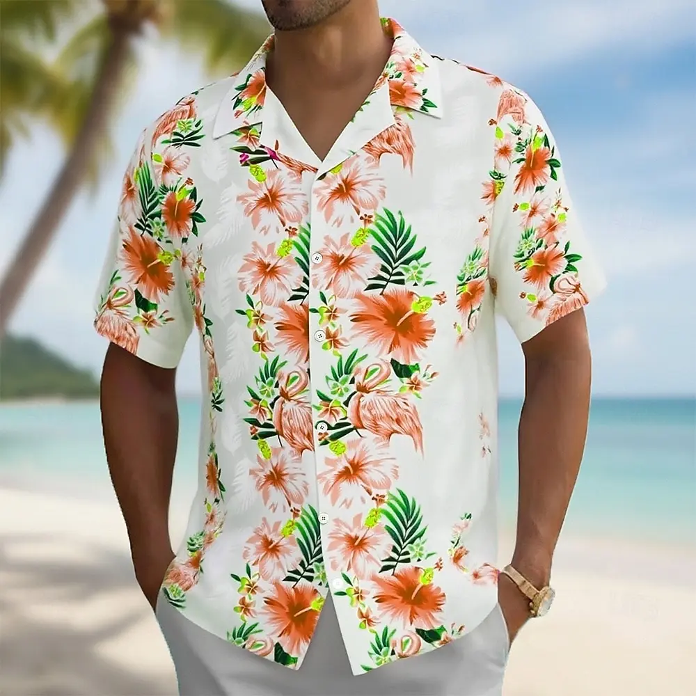 

Men's Flamingo Floral Hawaiian Shirt, Cuban Camp Collar, Short Sleeve 3D Print Beach Shirt, Pink Orange