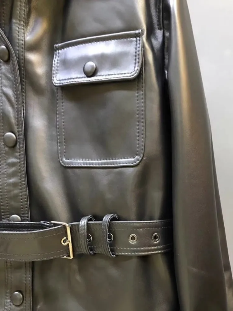 Giacca da ufficio in vera pelle da donna stile britannico monopetto con telai punk giacca a vento corta nuovo cappotto di pelle di pecora nera da donna