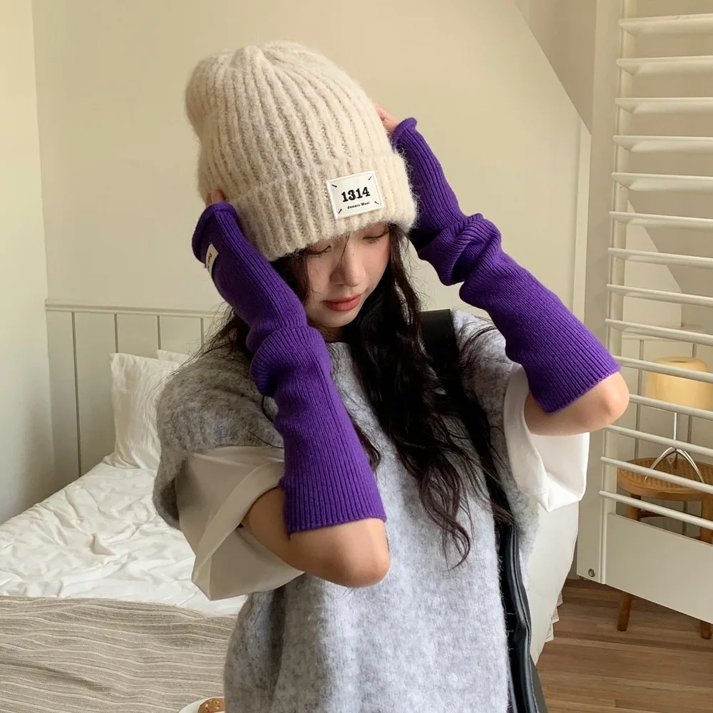 

Вязаные теплые рукава-перчатки в корейском стиле, однотонные, длинные, без пальцев, для дерзких девушек, Y2K, теплые нарукавники, аксессуары для одежды