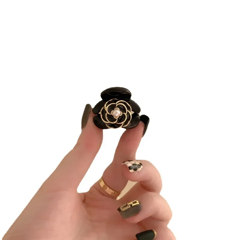 Heallor Black Flower Mini Hair Claws Elegant Temperament Camellia Hair Clip Princess Side Clip Women Girls Fashion Bangs Clips