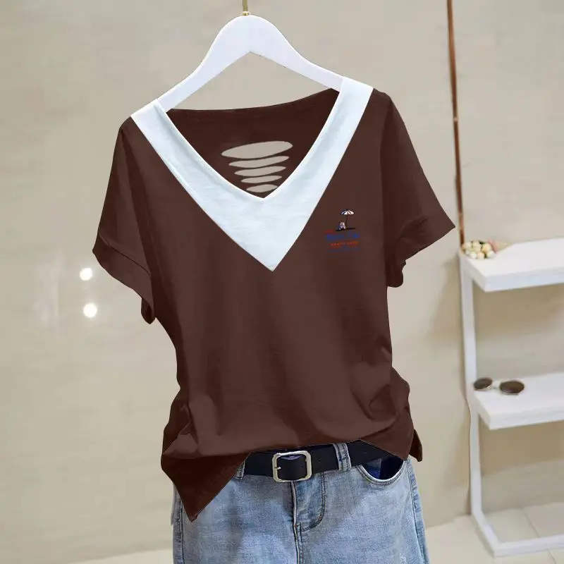 Moda v yaka baskılı eklenmiş tüm maç bluz kadın giyim 2023 yaz yeni boy Casual kazaklar gidip gömlek