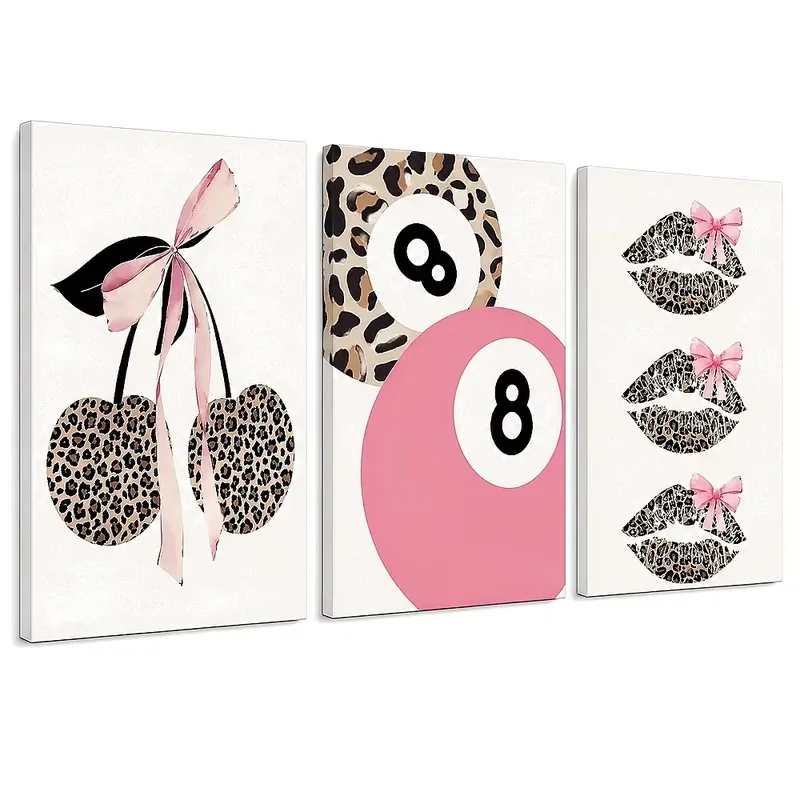 Vintage leopard print cherry lip print 8 ball three-piece canvas set, suitable for the UK federal household goods retail