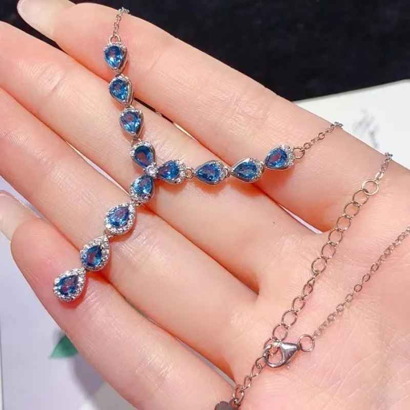Real 925 silver gemstone neckalce natural topaz necklace 3mm*4mm  London blue topaz jewelry with 3 layers 18K gold plating