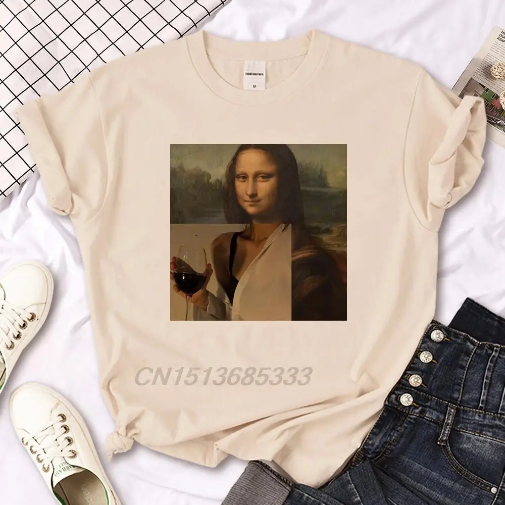 Mona Lisa Drinking Red Wine Women Funny T-shirts Til Death We Do Art Tees Humor Eating Lollipops Ladies Retro Cotton T Shirts