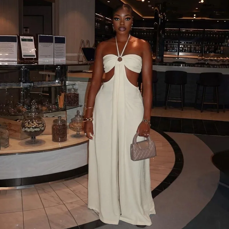 

Elegant Baggy Jumpsuits Woman Trend Lace-Up Halter Off Shoulder Backless Rompers Hot Girls Prom Party Ruched Elegant Overalls