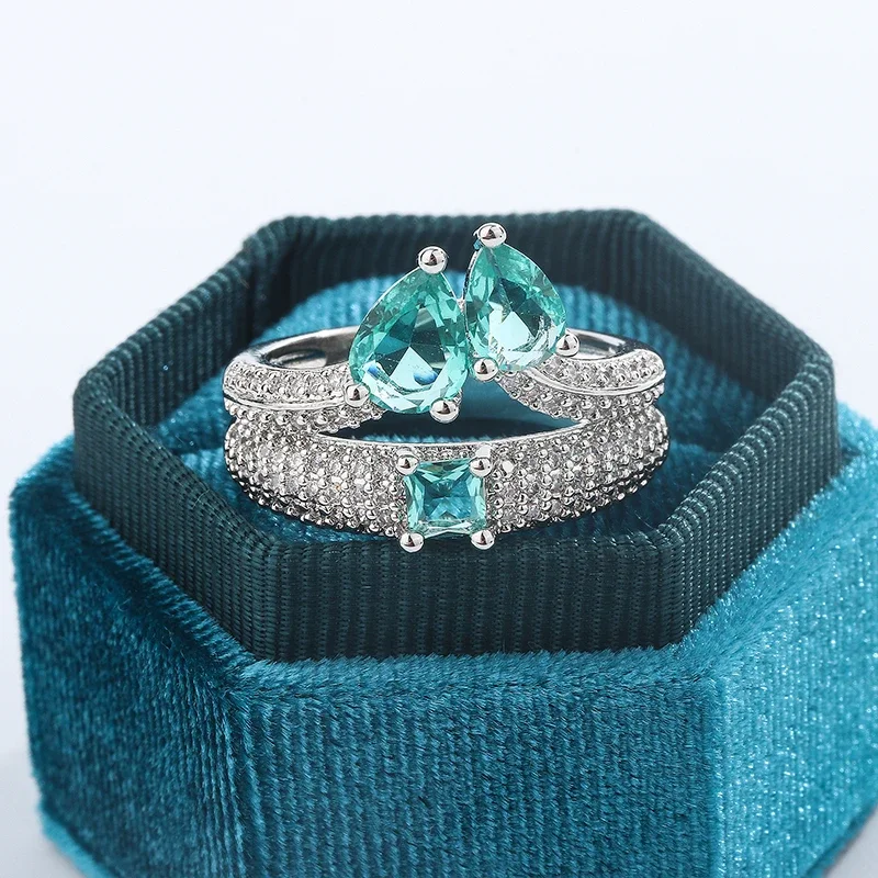 Exquisite Paraiba Zircon Ring for Women High Quality Double Layer 925 Silver Wedding Ring Bridal Jewelry Party Engagement Ring