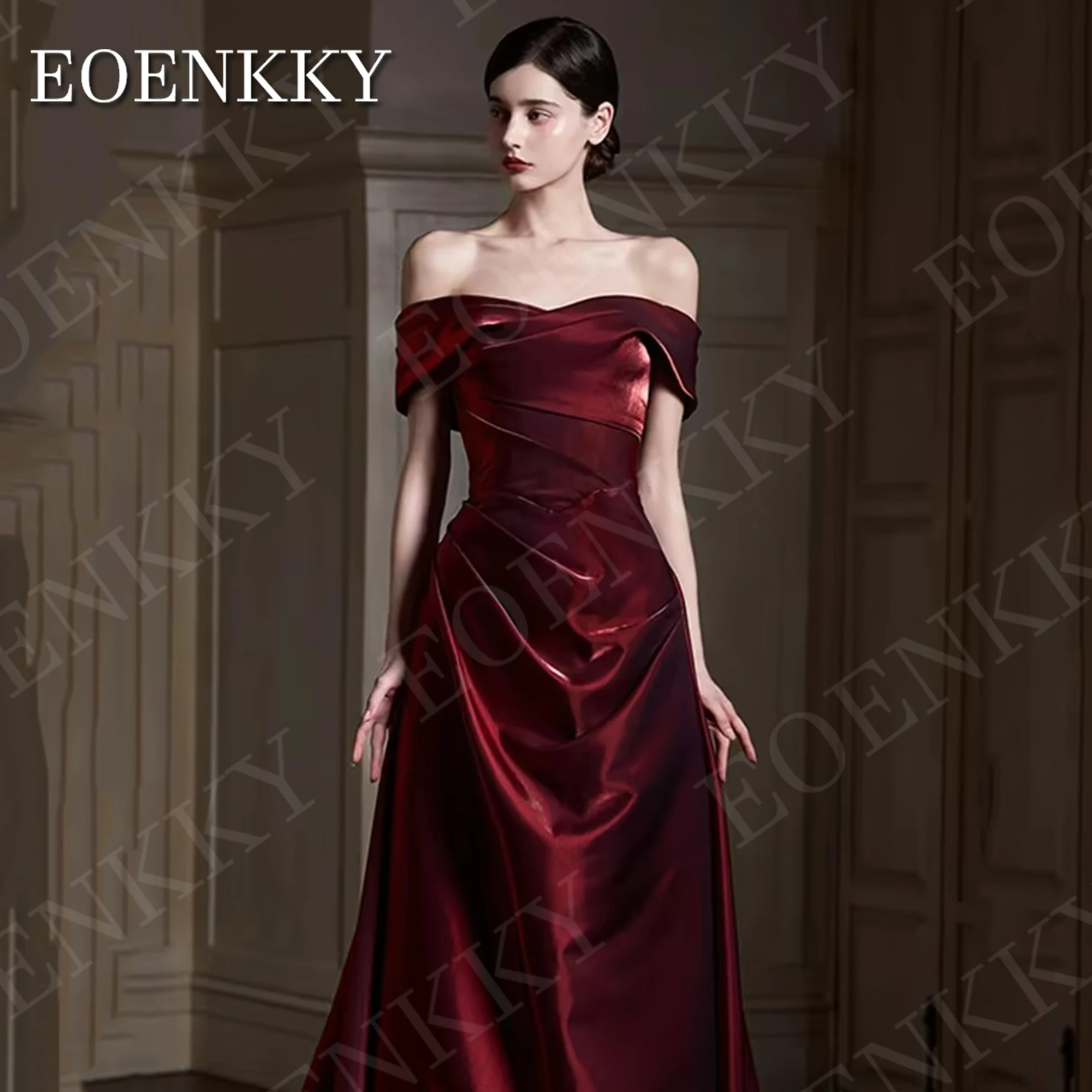 EOENKKY Burgundy Simple A Line Evening Dress Long Customized Satin Pleats Off Shoulder Prom Dresses with Detachable Train Woman