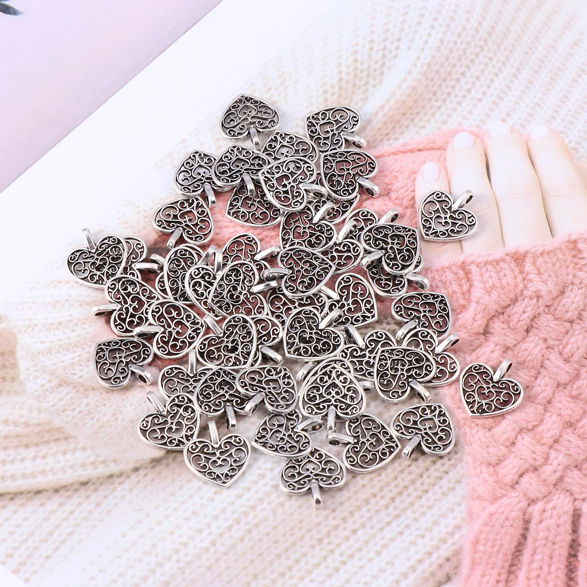 

50 PCS Silver Heart Charms for Jewelry Making Hollow Metal Pendants Hanging Alloy Women Accessories Girl Miss