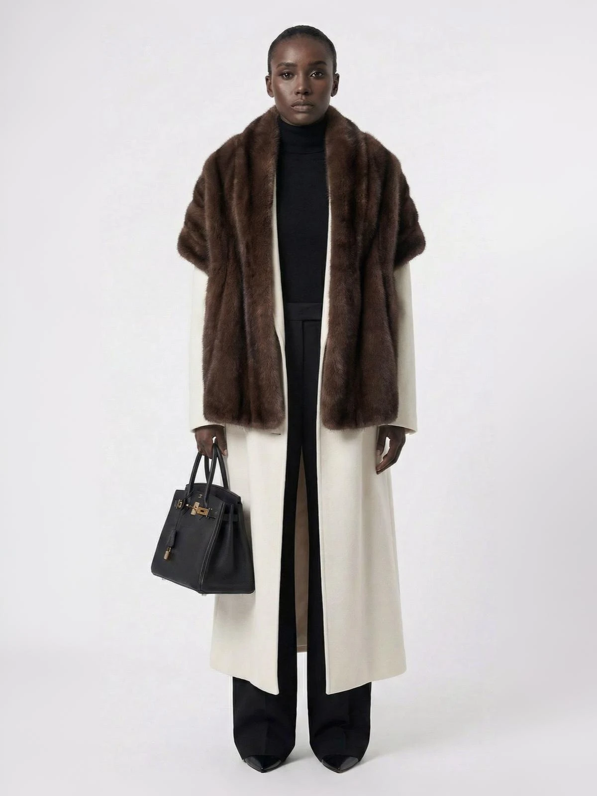 IG Women Luxury Mink-Like Faux Fur Shawl Stole, Wide Collar Wrap, Elegant Sleeveless Winter Evening Party Outerwear