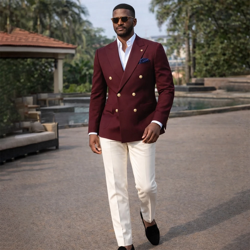 

Elegant Wedding Men's Suits Tailor-Made Double Breasted Blazer Fashion Burgundy Blazer With White Pants 2 Piece Jacket Costume