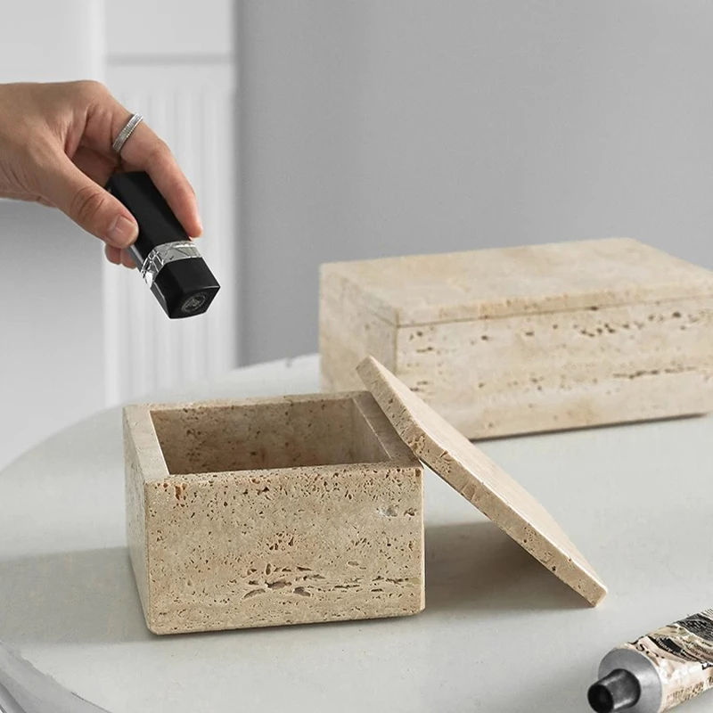 حاويات تخزين من الرخام الطبيعي، حامل أعواد قطنية، صندوق صينية من الحجر الجيري لـ Qtips، والمكياج، والحمام، والمنزل