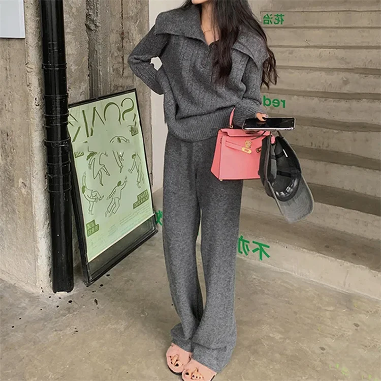 Women Two Piece Pant Sets Knit Sweater Button Turn Down Collar Pullover Solid High Waist Long Pants Elegant Loose Lady Autumn