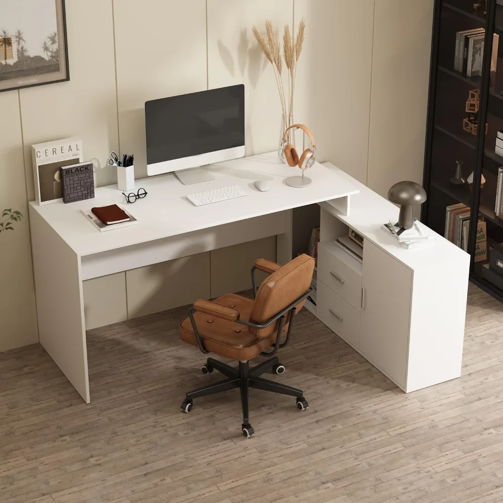 

Corner Computer Desk L Shaped with Reversible File Cabinet, Large Writing Table for Home Office with Shelves & 2 Drawers, Conver