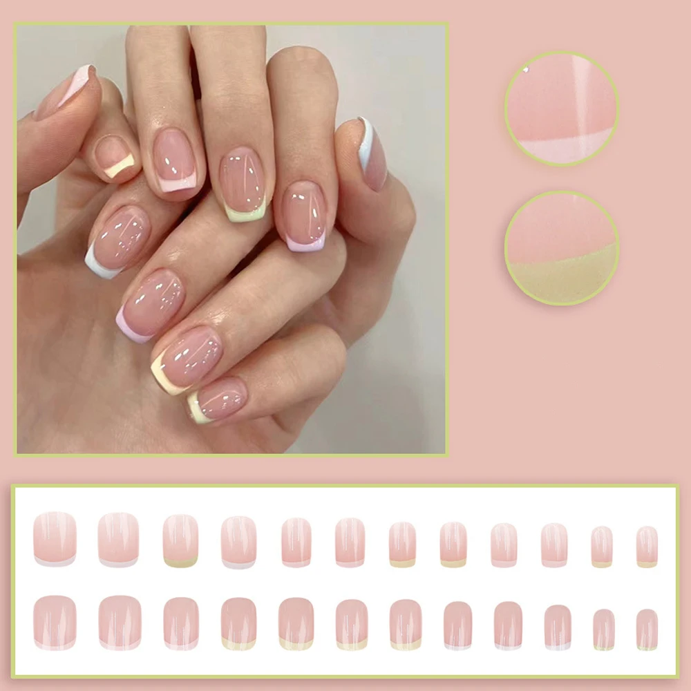 24Pcs Minimalist Short Square False Nail Multicolor Press on Nails Wearable Reusable Fake Nails Tips for Women Girls