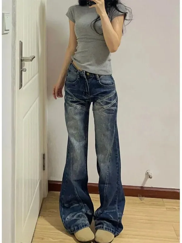 High Waist Bell Bottom Denim Jeans Women's Spring New Loose Slimming Non-Matching Leggings Floor-Length Pants American Style