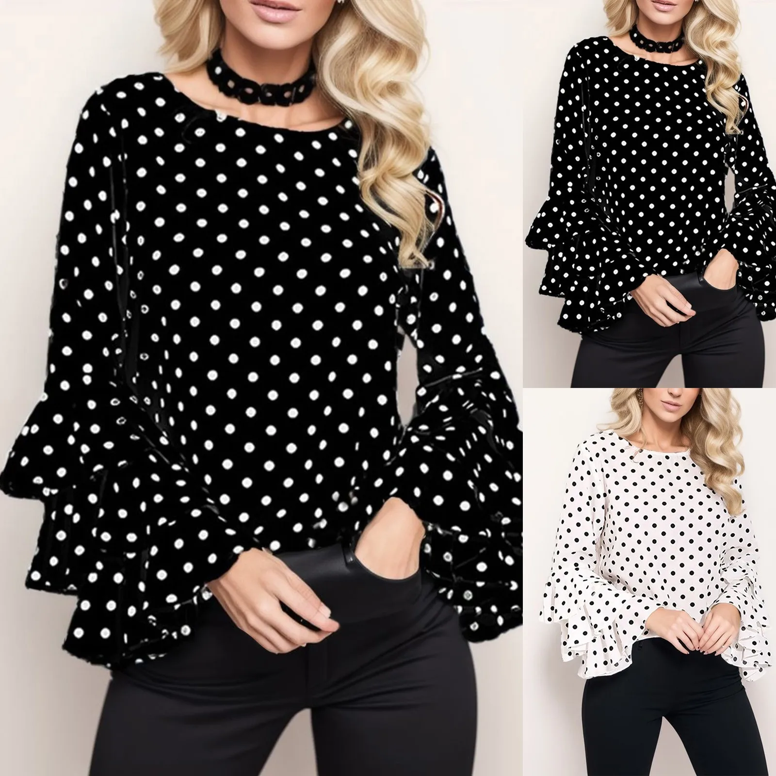 White Polka Dot Print Women\'s Elegant Office Wear Shirts Fashion Simple Round Neck Long Bell-Sleeves Tunic Waist Party Blouses