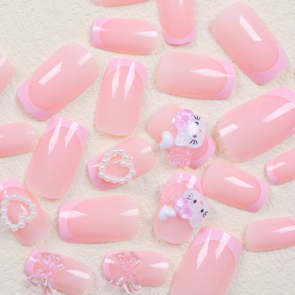 24 uñas postizas medianas cuadradas, rosa francés, lindo gato caricatura, blanco, amor, camelia, gelatina, moño 2