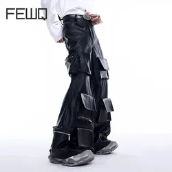 FEWQ Multi Pocket PU Leather Men's Autumn Pocket Pants Wide Legs Solid Color 2024 Darkwear Male Trousers Fashion 24E1736