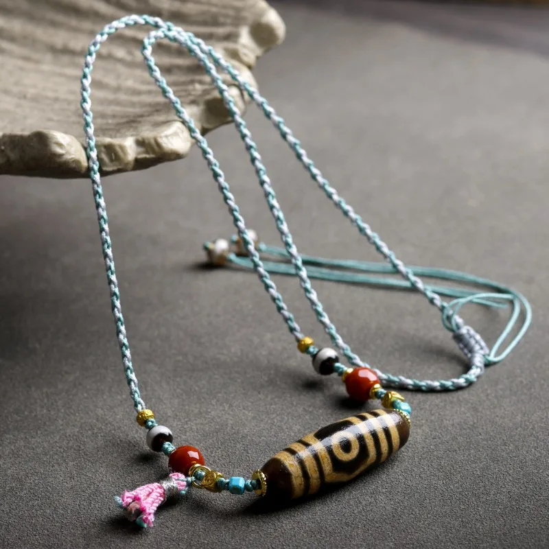 Tibetan Agate Three Eyed Dzi Bead Necklace Vintage Patina Tibetan Style Adjustable Necklace for Women Gifts