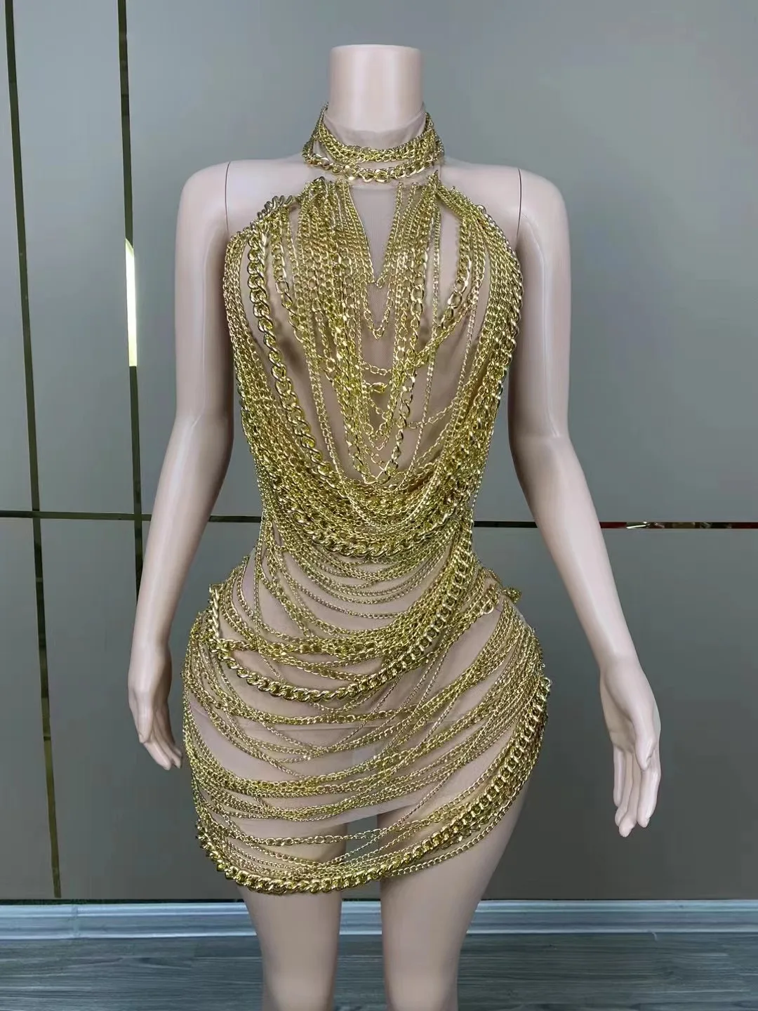 Seksowna ekskluzywna sukienka damska błyszczące złoto łańcuszka srebrna scena Talent sukienka na występy urodzinowa sukienka do tańca impreza