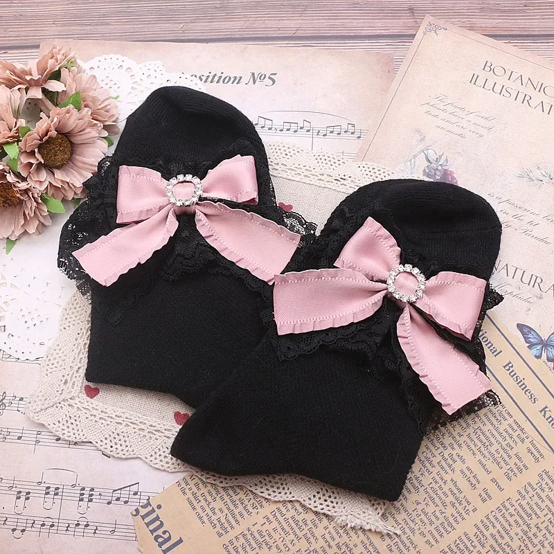 Lolita Japanese Style Cotton Socks for Women Sweet Cute Lace Bow Rhinestone Buckle Sweet Short Socks Soft Girl JK Socks