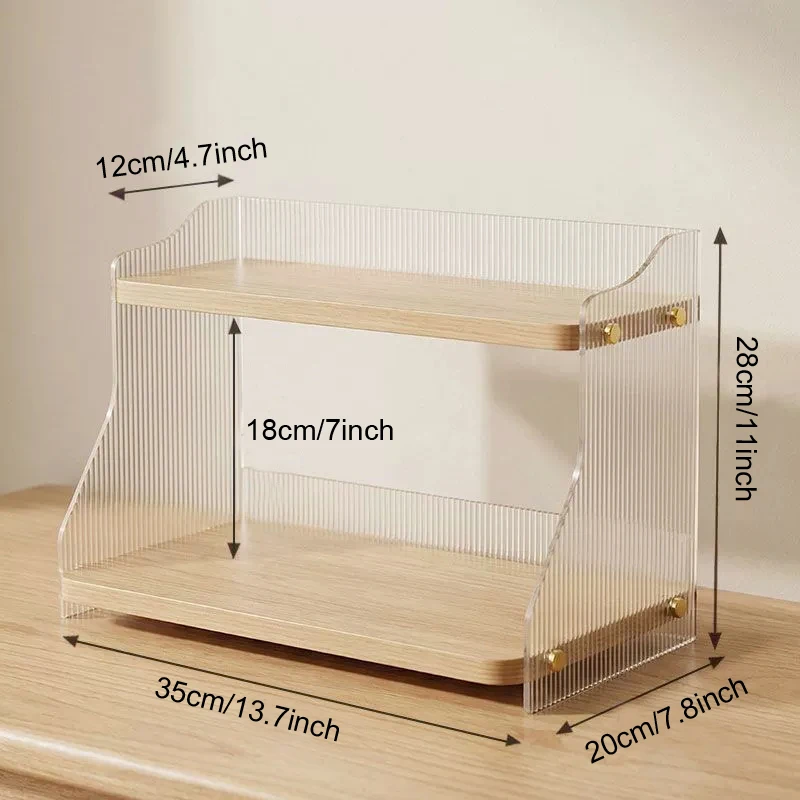 Clear Ribbed Acrylic Desk Shelf, 2-Layer Wooden Countertop Organizer, Space-Saving Storage Rack for Magazine Perfume Books Decor