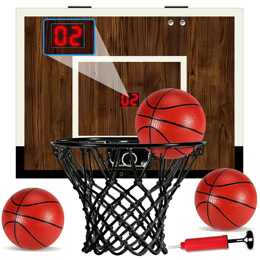 

Mini Basketball Hoop Set Over The Door with Wood Backboard amp Iron Rim Includes 2 Balls amp Air Pump AntiShock Padding 16x12x3