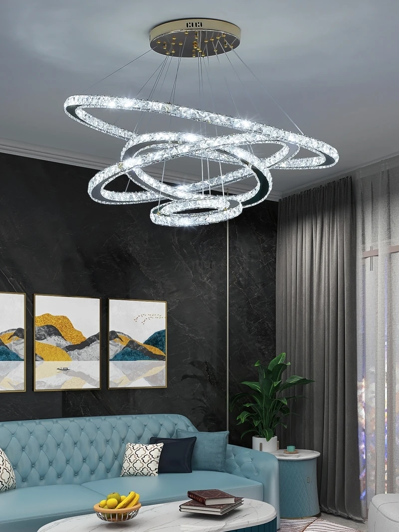 *Modern Crystal LED Chandelier For Living Room Dining Kitchen With Remote Control Gold Ring Hanging Lighting Circle Pendant Lamp