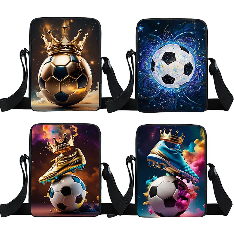 Cool Golden Soccer with Crown Print Crossbody Bags Hot Blood Football Sport Handbags Teenagers Boys Girls Phone Holder Bookbag