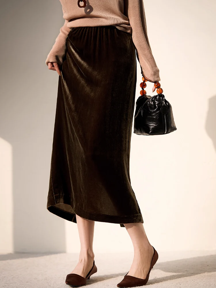 SuyaDream, camisas de terciopelo de seda para mujer, blusas elegantes con cuello en V, faldas largas de terciopelo, top primavera otoño 2026, marrón, negro