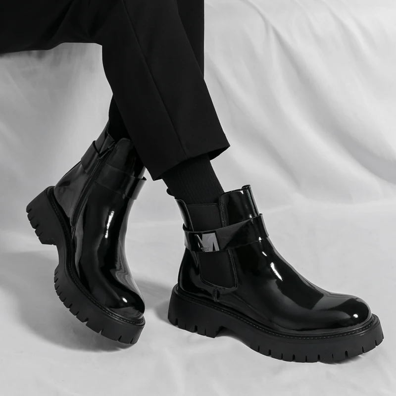 S253a1c44688343a88d5843fa9aaf6ae2B Classic Black Patent Leather Chelsea Boots for Men with Side Zipper