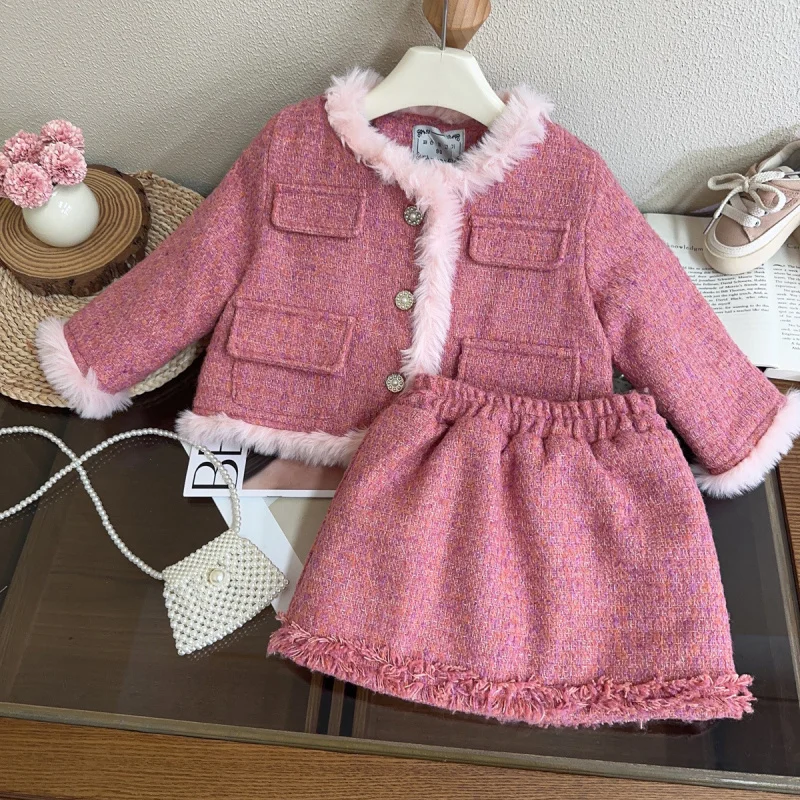 

Girls Fashion Suit Winter New Style Little Girl Fashionable Jacket and Skirt Two-Piece Set