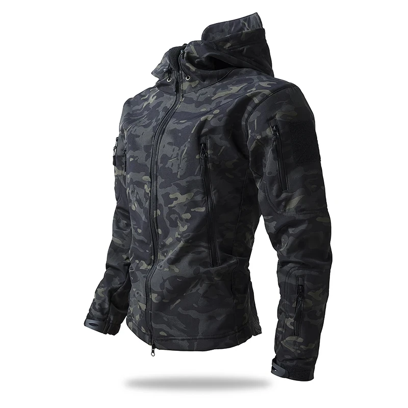 Military fan, soft shell tactical jacket, waterproof fleece with hat, outdoor training hunting camouflage jacket