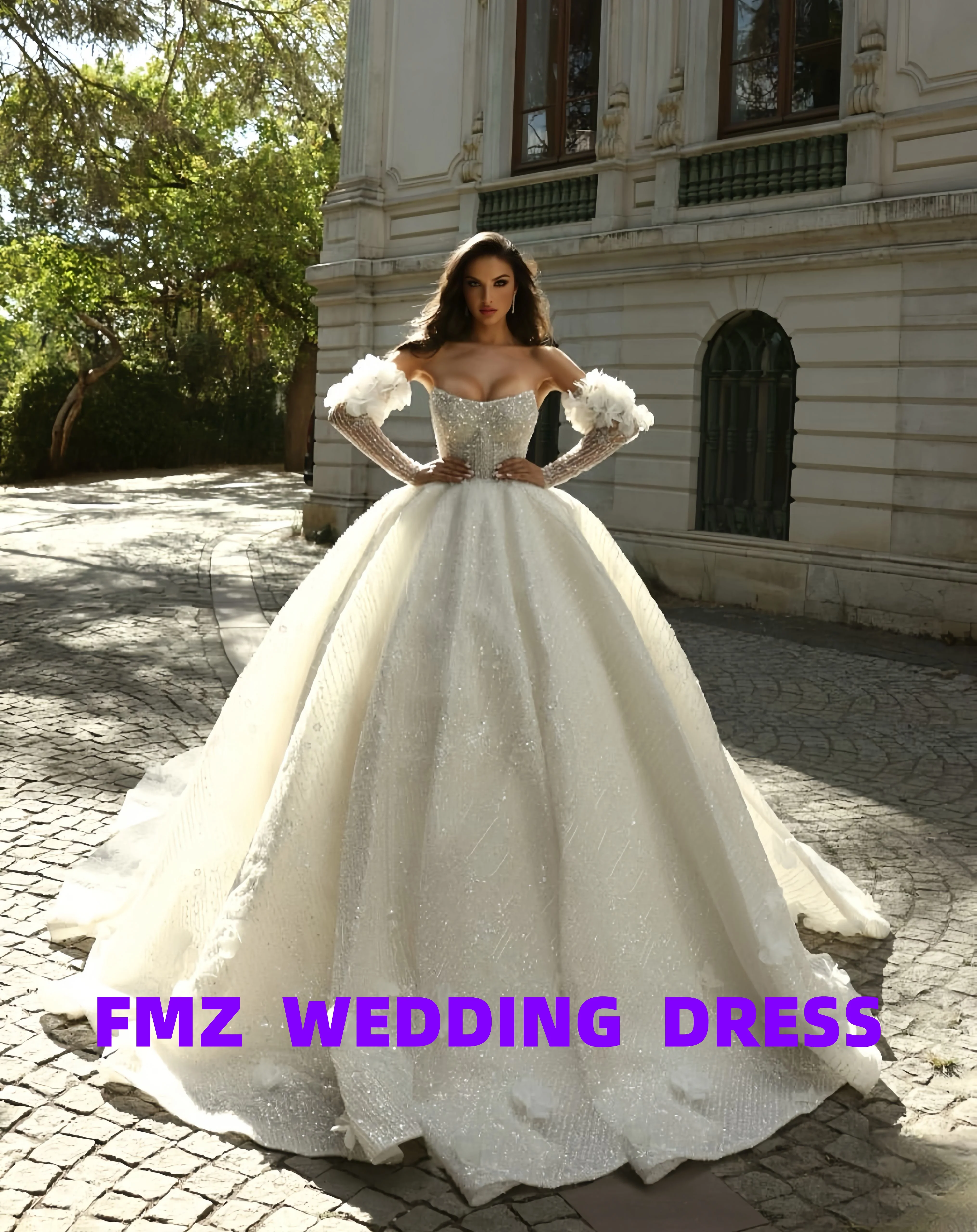 

Бальное платье без бретелек с длинными рукавами по индивидуальному заказу, роскошное свадебное платье amanda novias, расшитое бисером, свадебное платье amanda novias