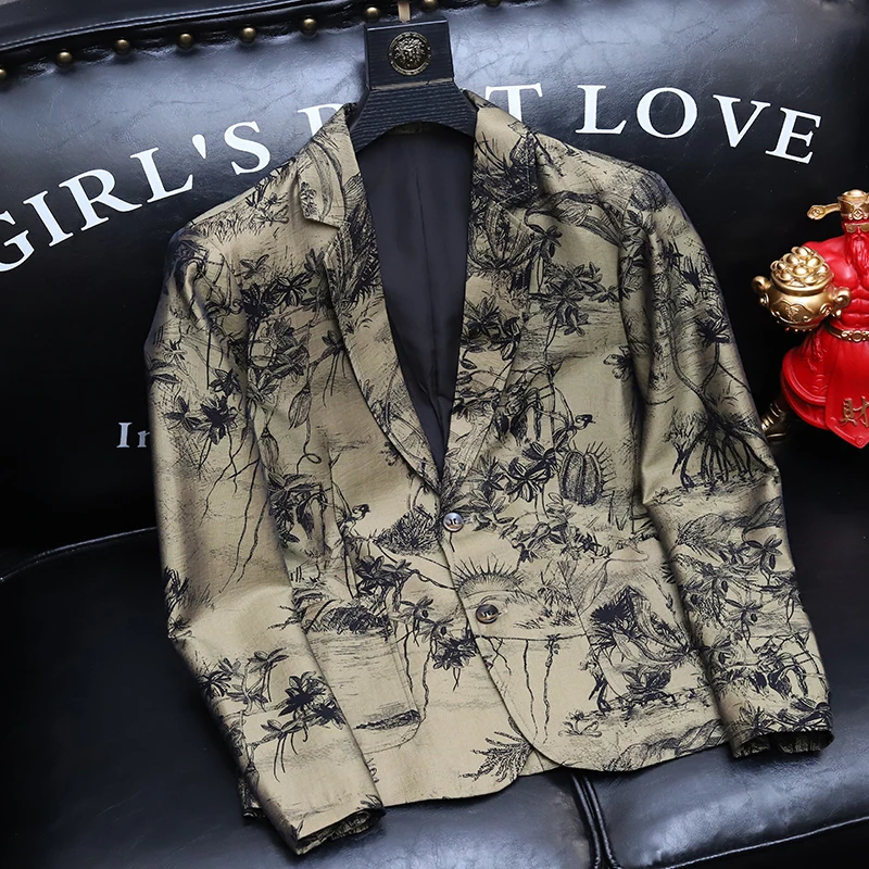 

Slim Fit Men's Suit Jaet Faionable Trendy Water-Mark Print Design Korean Sle Casual Single-Breasted Coat for Autumn