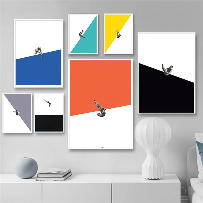 Diving Athlete Geometry Abstract Boho Colorful Blue Orange Modern Wall Art Canvas Painting Nordic Poster Prints For Home Decor