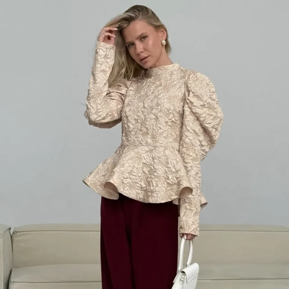 Emboss Jacquard Peplum Blouse Puff Sleeve High Neck High Neck Shirt Peplum Hem Fitted Waist Jacquard Blouse Evening Party