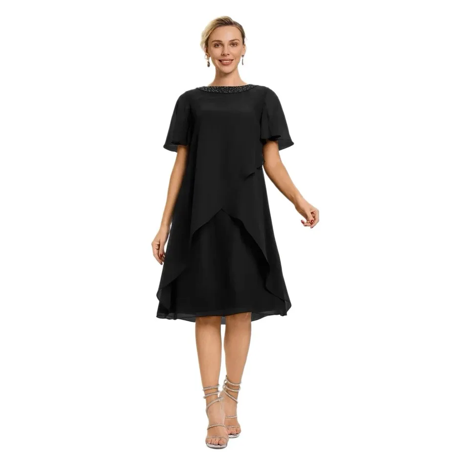 Elegant Party Dress Women's Luxury Party Chiffon Short Sleeve Evening Dress Flutter Sleeve Beaded Neckline Maxi Dress Dark