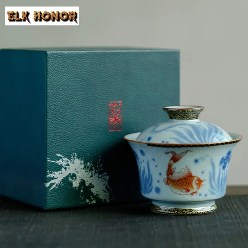 

130 мл Ru Kiln, ручная роспись, рыба-гамвань, роскошная чайная варенька, бытовая чайная миска с крышкой, комплект чайника, крышка, миска для кафе, украшения