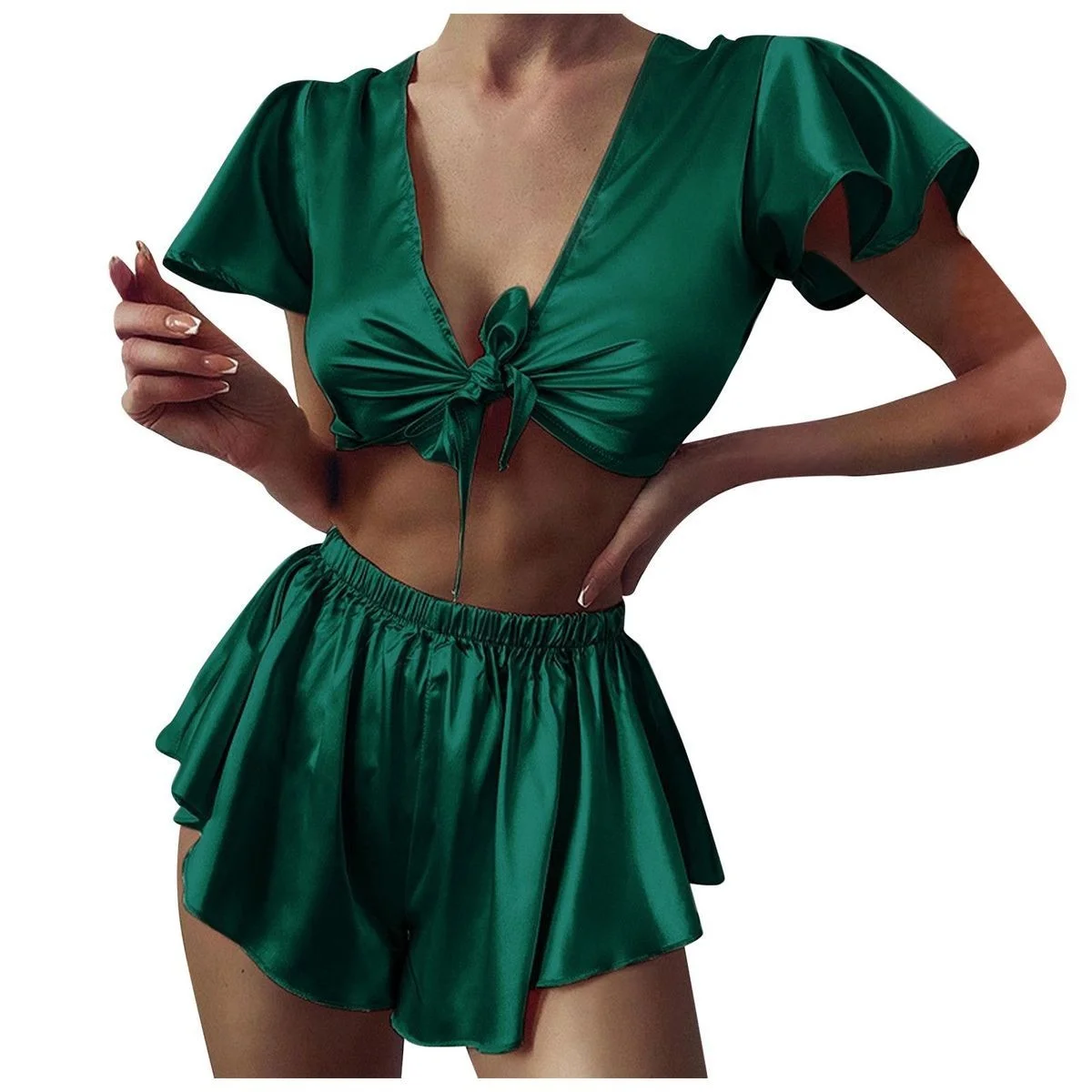 

Women's Silky Satin Loungewear Set-Deep V Neck Puff Sleeve Cropped Top Front Bow High Waist Flared Shorts Sexy Elegant Home Wear