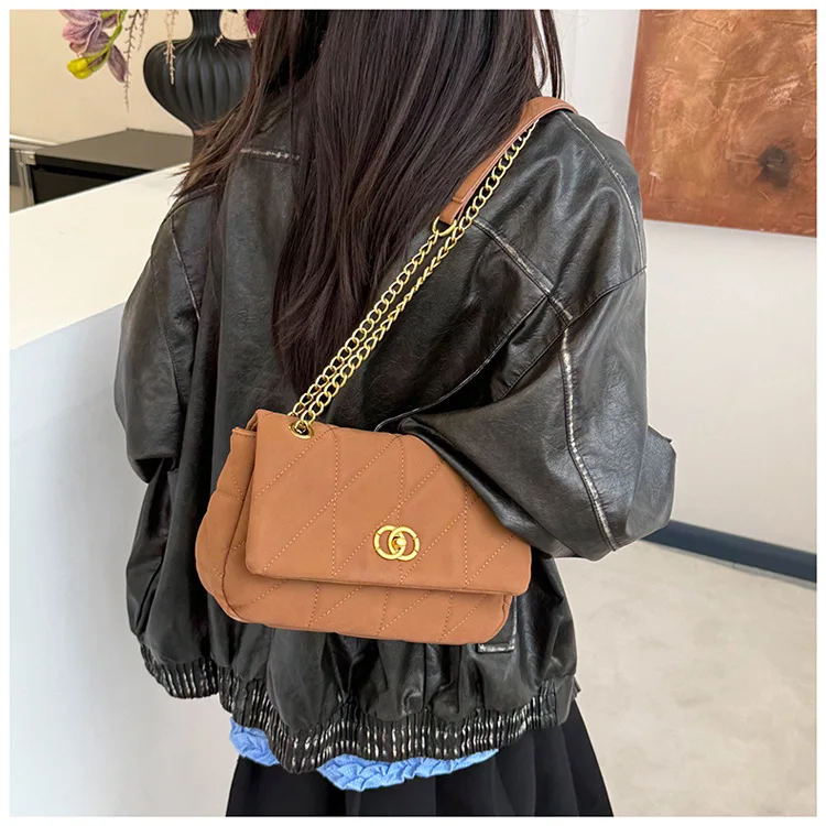 Tas Selempang Rantai Berlapis |   Tas Selempang Kulit Matte Gaya Vintage untuk Wanita, Tas Selempang & Ketiak yang Luas