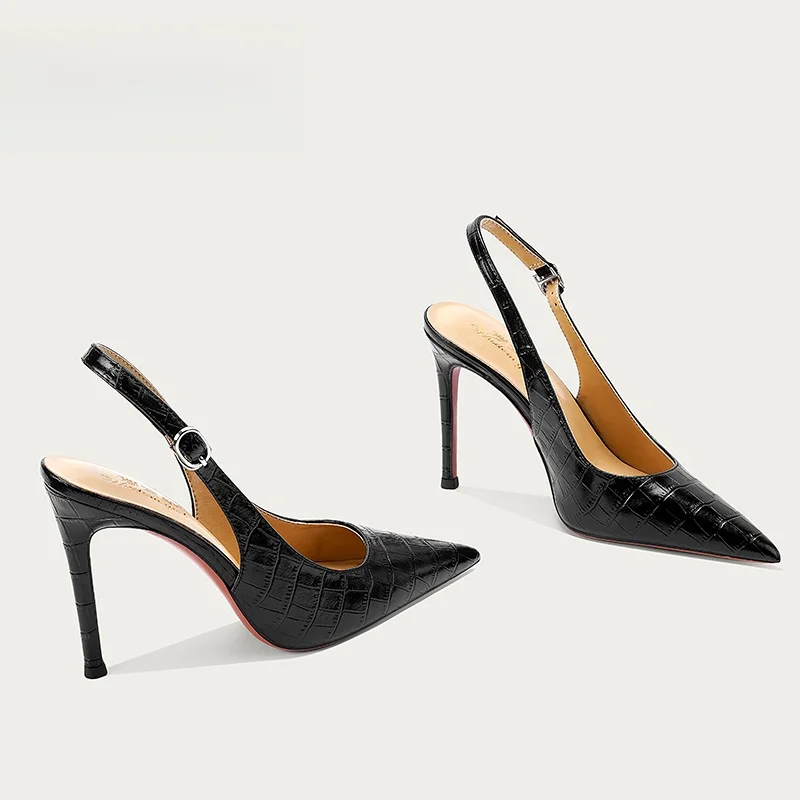 

Wisdom Girl 2025 New Pointed Toe Thin Heel High Heels Women's Black Work Shoes Stone Pattern Rear Empty Strap Singl...